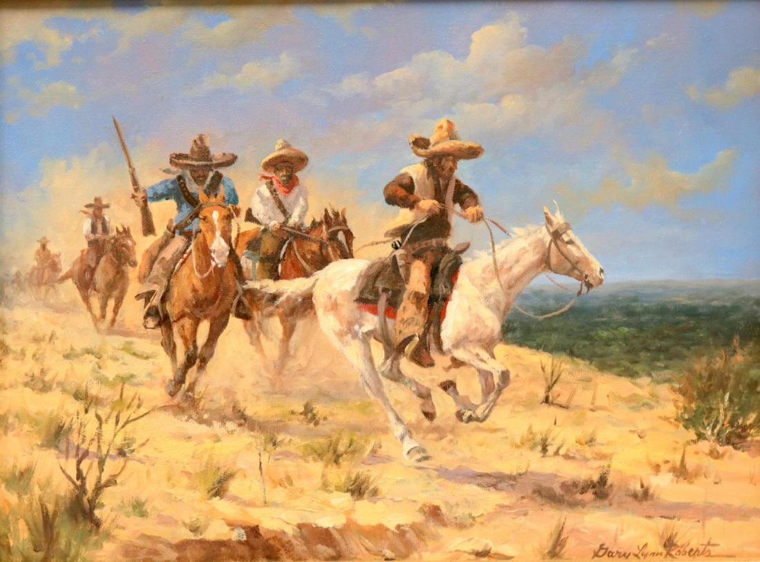 Gary Lynn Roberts (American, b. 1953) "Desperados": Gary Lynn Roberts (American, b. 1953) "Desperados" Oil Painting on Canvas. Signed lower right. Dated 1988. Depicting bandits riding on horses with guns through the open landscape. Measures - 15 1/2" w