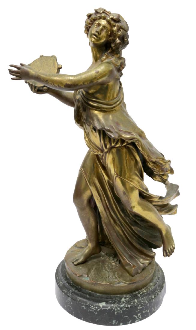 Michel Clodion (French 1738-1814) Bronze Sculpture: Antique, Late 18th Century Michel Claude Clodion (French 1738-1814) Bronze Sculpture on Green marble base. Depicting a fine detailed beautiful woman playing a instrument, signed on base. Very heavy sc