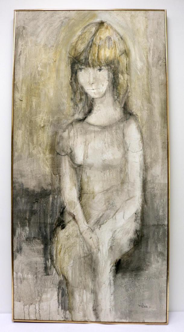Gino Hollander (American 1924-2015) Oil Painting on: Gino Hollander (American 1924-2015) Oil Painting on Canvas. Depicting a young woman seated. Dated 1956. Measures - 67" high x 32 3/4" wide. Signed lower right.