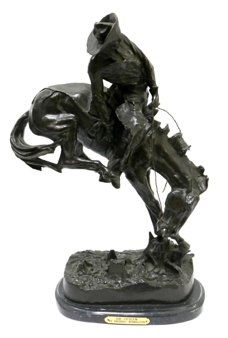 After Frederic Remington "The Outlaw" Bronze Sculpture: After Frederic Remington "The Outlaw" Bronze Sculpture on Marble Base. Measures - 23" high x 15" wide.