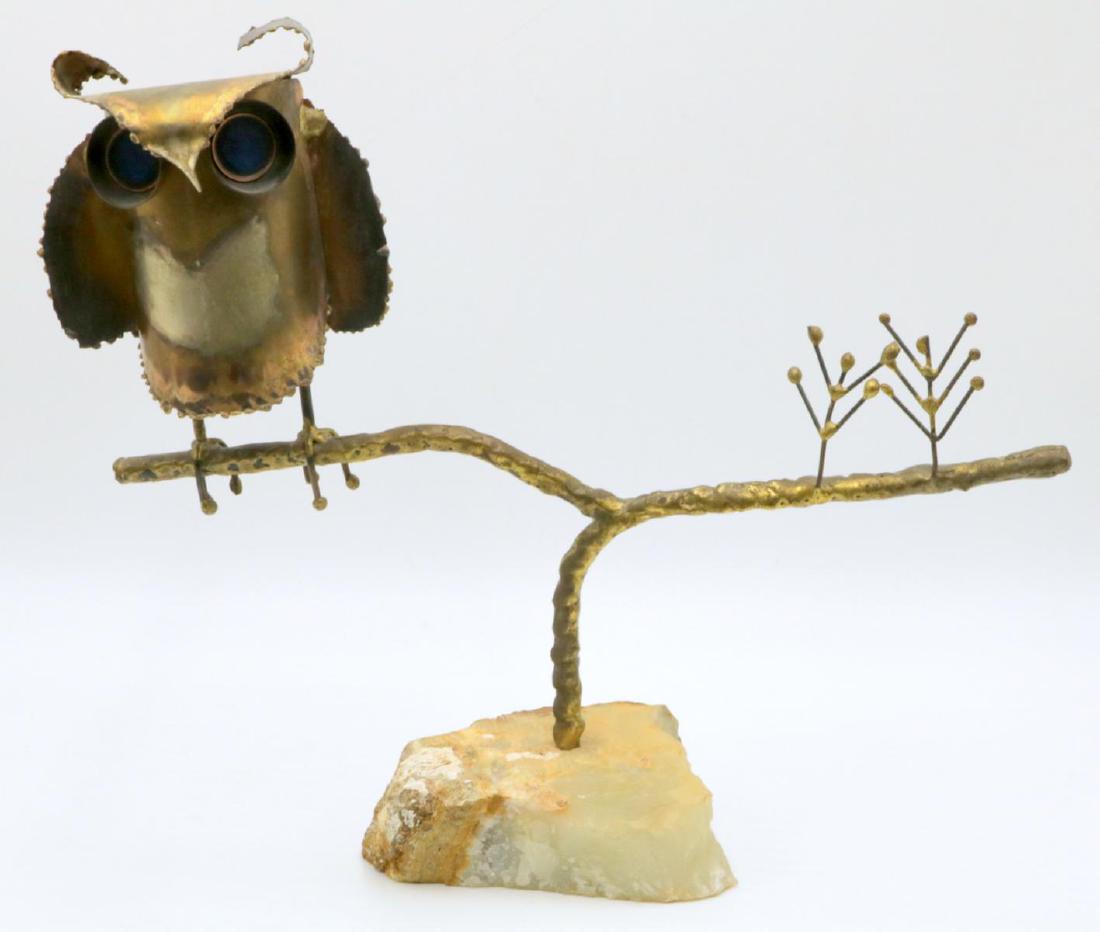 Curtis Jere Brass Owl on Branch Sculpture: Curtis Jere Brass Owl on Branch Sculpture. Signed "C. Jere". Measures - 11 1/4" high x 12 3/4" wide.