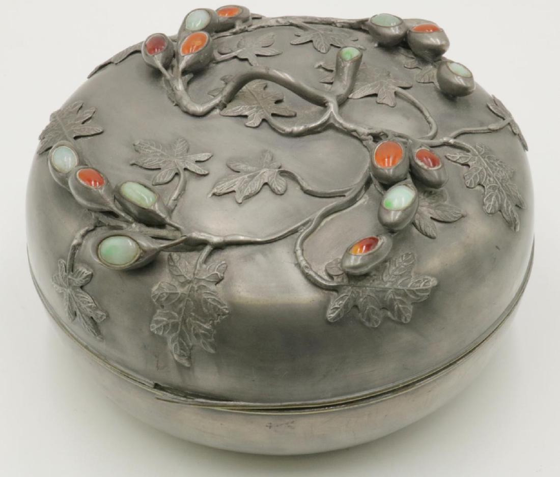 Vintage Chinese Jadeite & Carnelian Pewter Covered Bowl: Vintage Chinese Jadeite & Carnelian Pewter Covered Bowl. Leaf design. Measures - 4 1/2" high x 8" diameter.