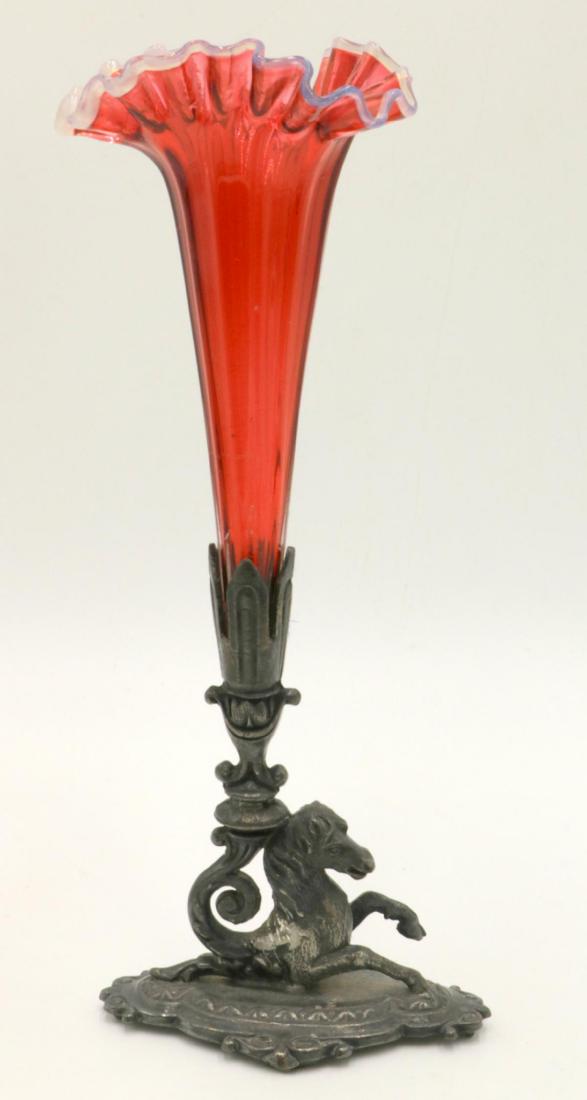 19th C. Venetian Glass & Silver Plated Epergne: Antique, 19th Century Venetian Blown Art Glass & Silver Plated Epergne. Depicting a horse rearing up holding a ruffled glass insert. Measures - 8 3/4" high x 3" wide. Please note end of glass insert i