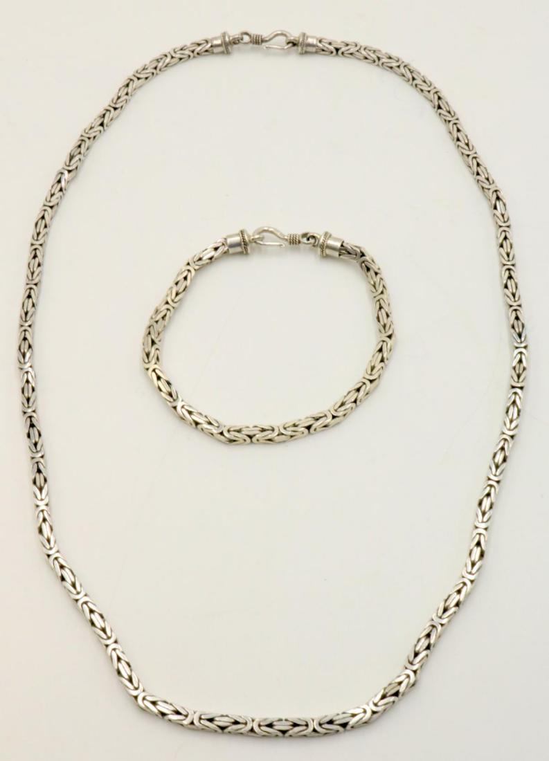 Heavy Sterling Byzantine Suite: Heavy Sterling Silver Byzantine Style Necklace & Bracelet Suite. Necklace - 23 1/2" long, bracelet - 8 1/2" long. Weight - 78.5 grams.