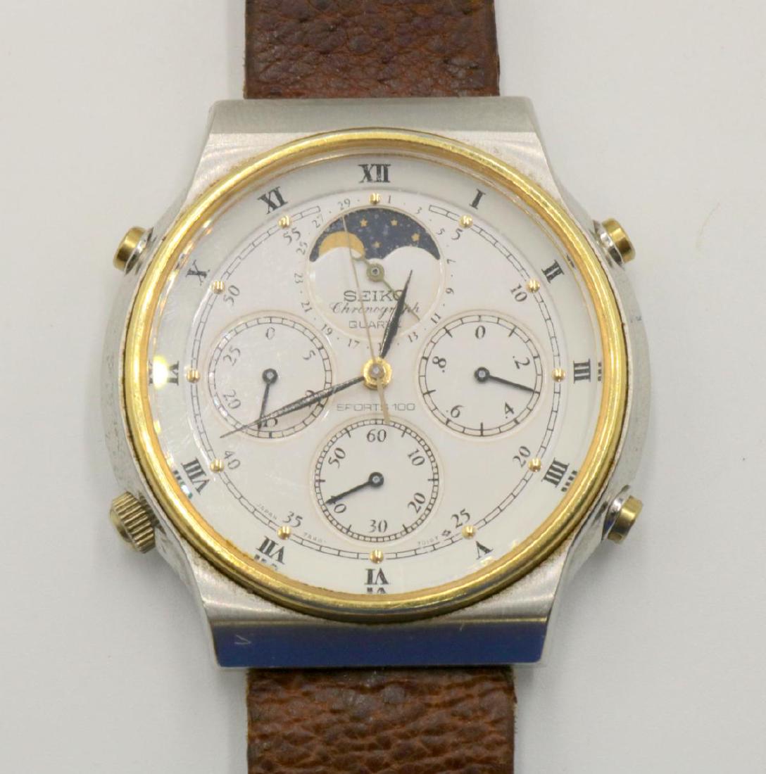 Seiko Chronograph Quartz Watch: Seiko Chronograph Quartz & Leather Watch. Measures - 9 1/2" long.
