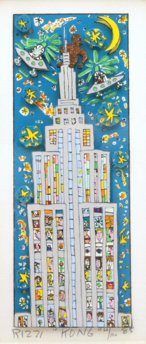 James Rizzi "Kong" 3-D Serigraph: James Rizzi (American 1950-2011) "Kong" (King Kong) 3-D Colored Serigraph. Signed Rizzi lower left. Measures – 7 3/4" high x 3 1/2" wide, total with frame – 18 1/4" high x 15 3/4" wide. Numbered #