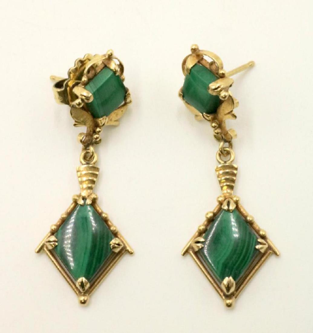 14Kt & Malachite Drop Earrings: 14Kt Yellow Gold & Malachite Drop Earrings. Weight - 3.3 dwt. Measures - 1 5/8" long.