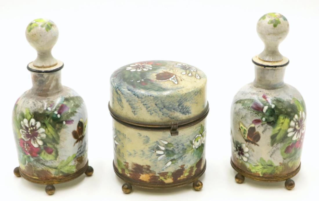 Antique French Old Paris Hand Painted Porcelain Set: 19th Century French Old Paris Hand Painted Porcelain Vanity Set, depicting butterflies and floral design. Two perfume bottles - 5" high, box - 3 3/8" high.