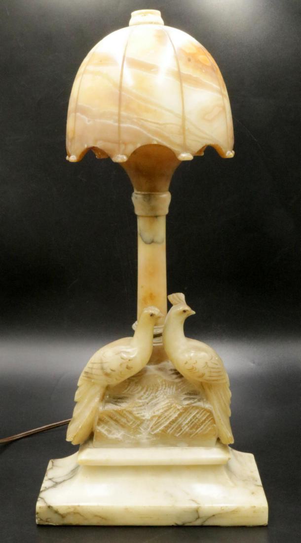 Early 20th C. Carved Alabaster Lamp: Early 20th C. Carved Alabaster Peacock Lamp. With dome carved shade. Measures - 18" high x 8" wide.