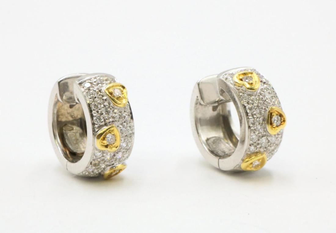 Chimento 18Kt Two-Tone Diamond Huggie Earrings: Chimento 18Kt Two-Tone (Yellow Gold & White Gold) Diamond Huggie Heart Earrings. Weight - 7.3 dwt.