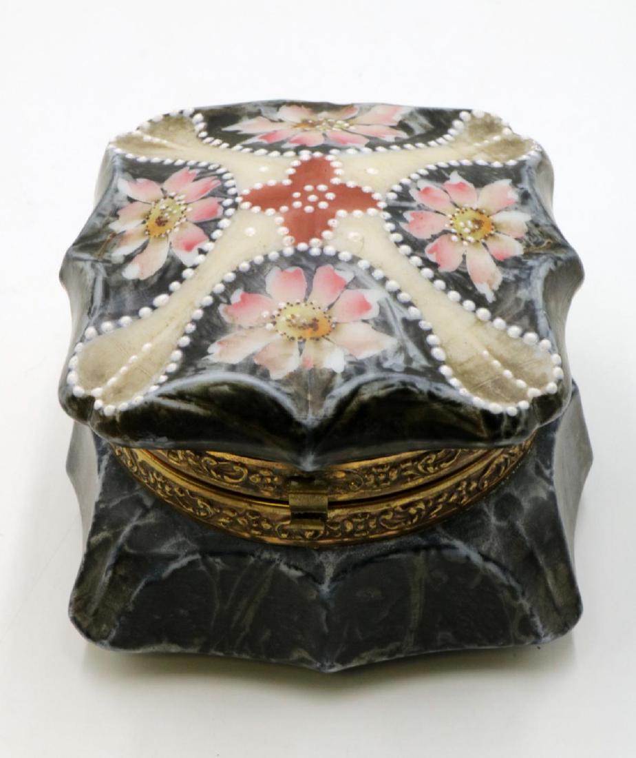 C.F. Monroe Kelva Opalware Dresser Box: C.F. Monroe Kelva Opalware Dresser Box, Wave crest pairpoint. Measures - 3 1/4" high x 4 1/2" wide.