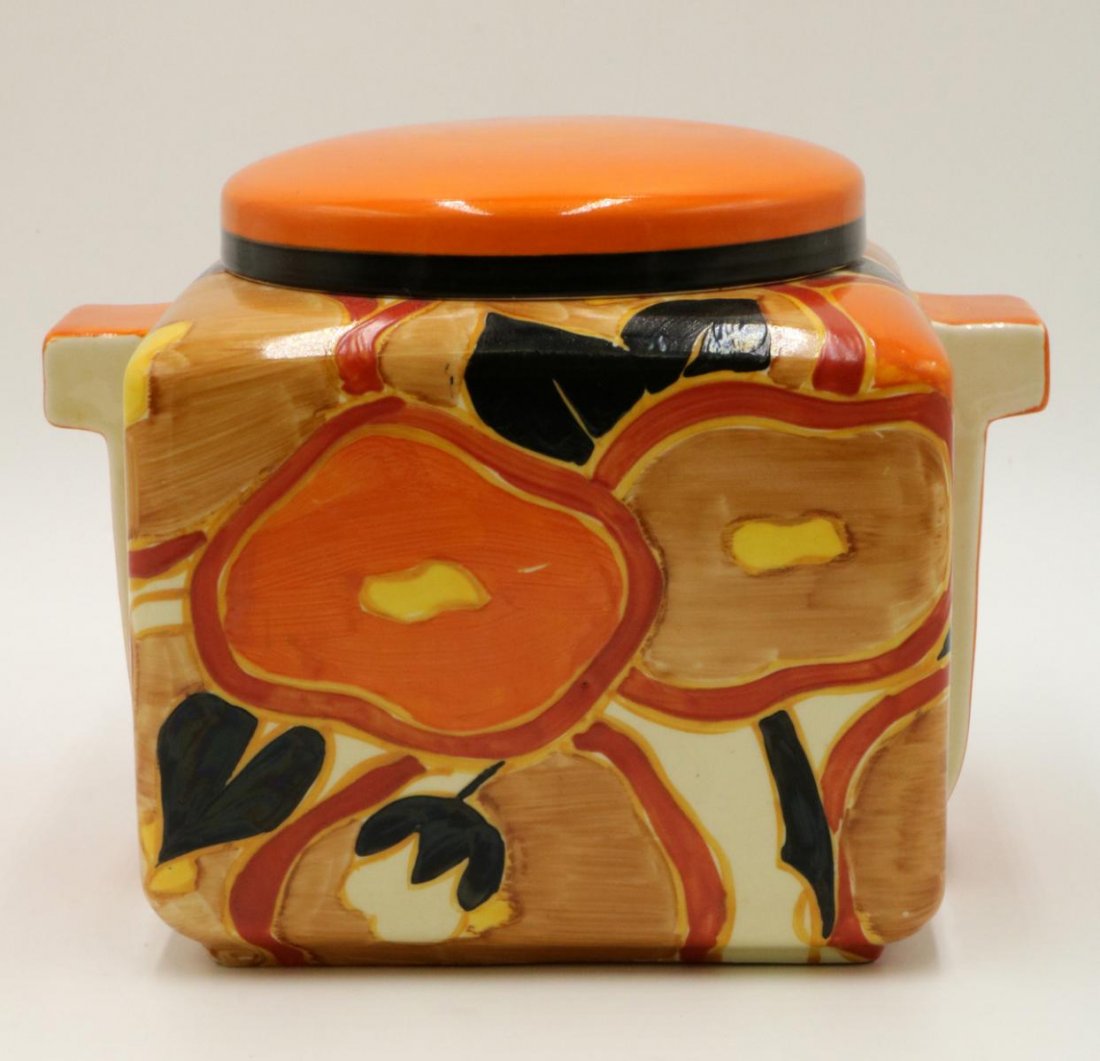 Clarice Cliff Art Deco Pottery Pot: Bizarre by Clarice Cliff (English 1899-1972) Art Deco Hand Painted Pottery (Ceramic) Covered Pot. "Newport Pottery England". Measures - 5 1/2" high x 6 7/8" wide.