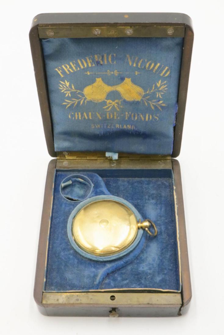 Frederic Nicoud 18Kt Gold Hunter Case Watch: Antique Frederic Nicoud 18Kt Yellow Gold Hunter Case Pocket Watch, with original fitted box. 13 jewels. Box reads Frederic Nicoud Chaux De Fonds Switzerland. 18K Robert Geneva.
