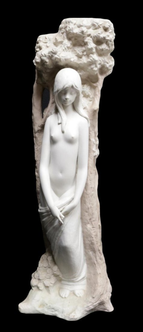 Lladro "Eve at the Tree" #2029 Bisque Sculpture: Lladro "Eve at the Tree" #2029 Bisque Sculpture. Measures - 28 1/4" high x 9 3/4" wide.