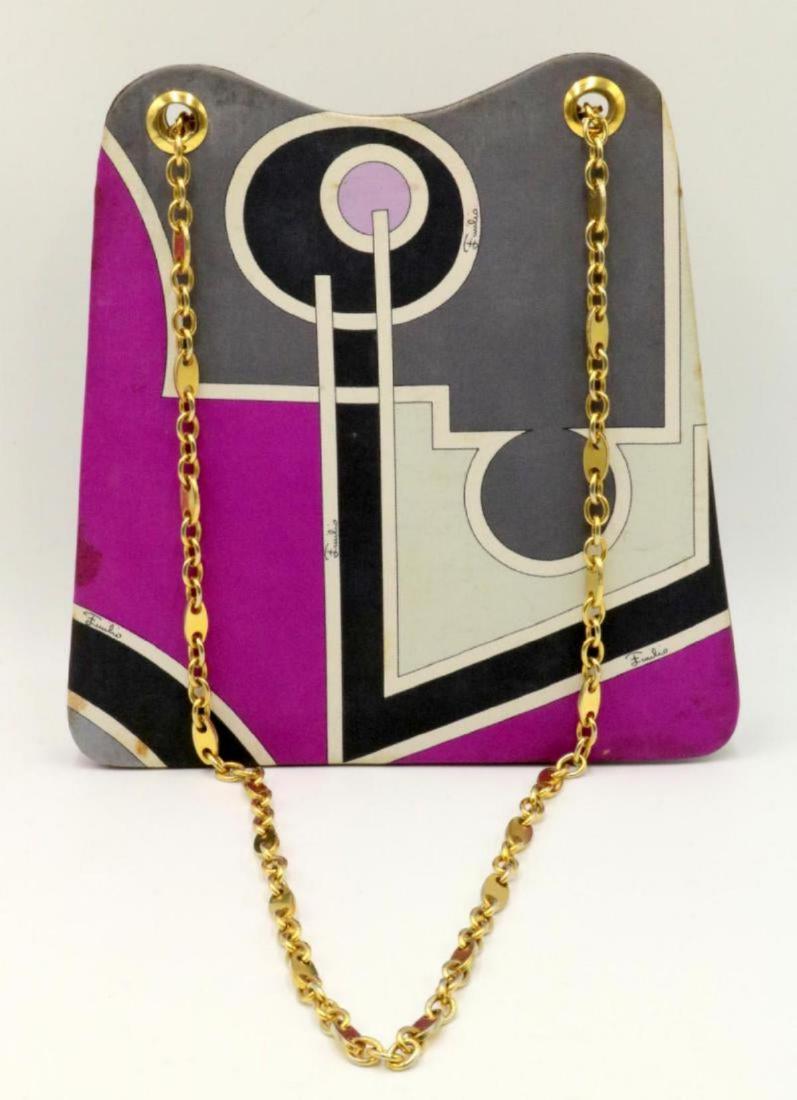 Rare 60's Emilio Pucci Silk Fabric Purse: Rare 60's Emilio Pucci Silk Eve Signature Fabric Purse. With gold hardware. There are some stains on the purse, please ask for full condition report. Measures - 24" high to strap x 9" wide.
