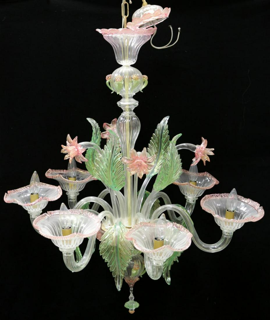 Large Italian Murano Art Glass Chandelier: Large Italian Murano Art Glass 6-Arm Chandelier. Gold flecks throughout. With floral and leaf motif. Measures - 35 1/2" high x 32" wide.