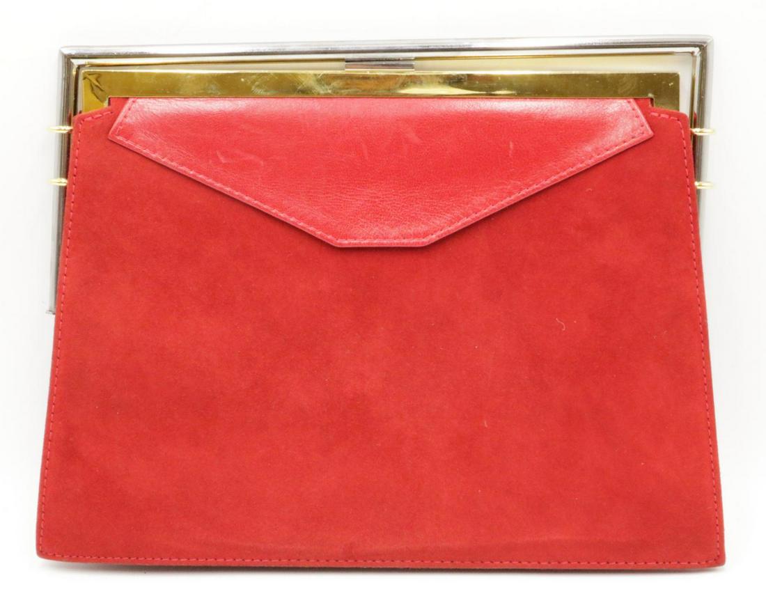 Fendi Suede Red Leather Purse: Fendi Suede Red Leather Purse. With original dust bag, chrome bar handle. Measures - 7 3/4" high x 10 1/4" wide.