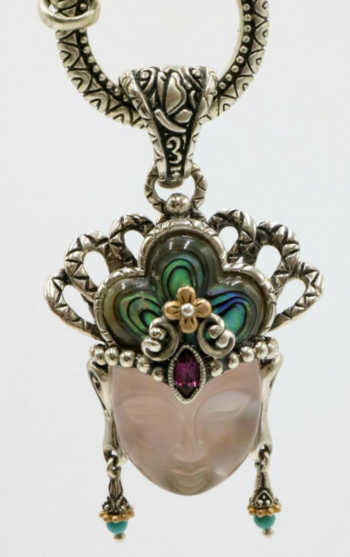 Barbara Bixby Sterling Pendant w/ Necklace: Barbara Bixby Sterling Silver Buddha Pendant w/ Necklace, Pendant with mother of pearl, abalone. Necklace - 18" long. Weight - 68.3 grams. With original pouch and box.