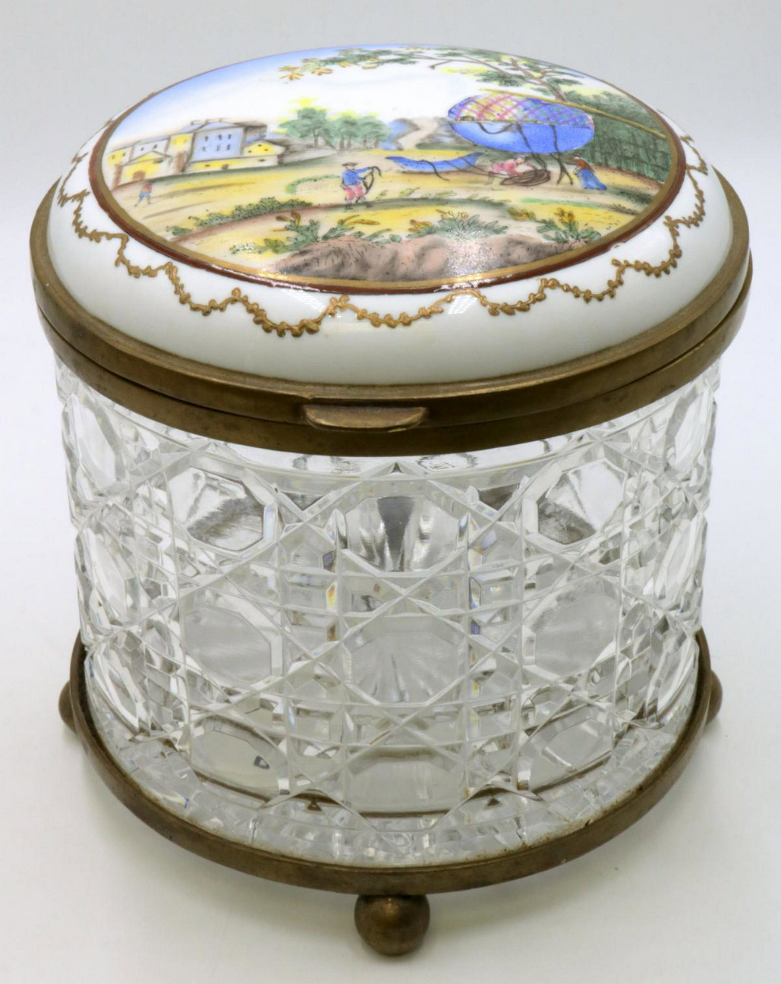 French Hand Painted Porcelain & Crystal Jar: French Hand Painted Porcelain & Crystal Jar. Measures - 7 3/4" high x 7 3/4" diameter.