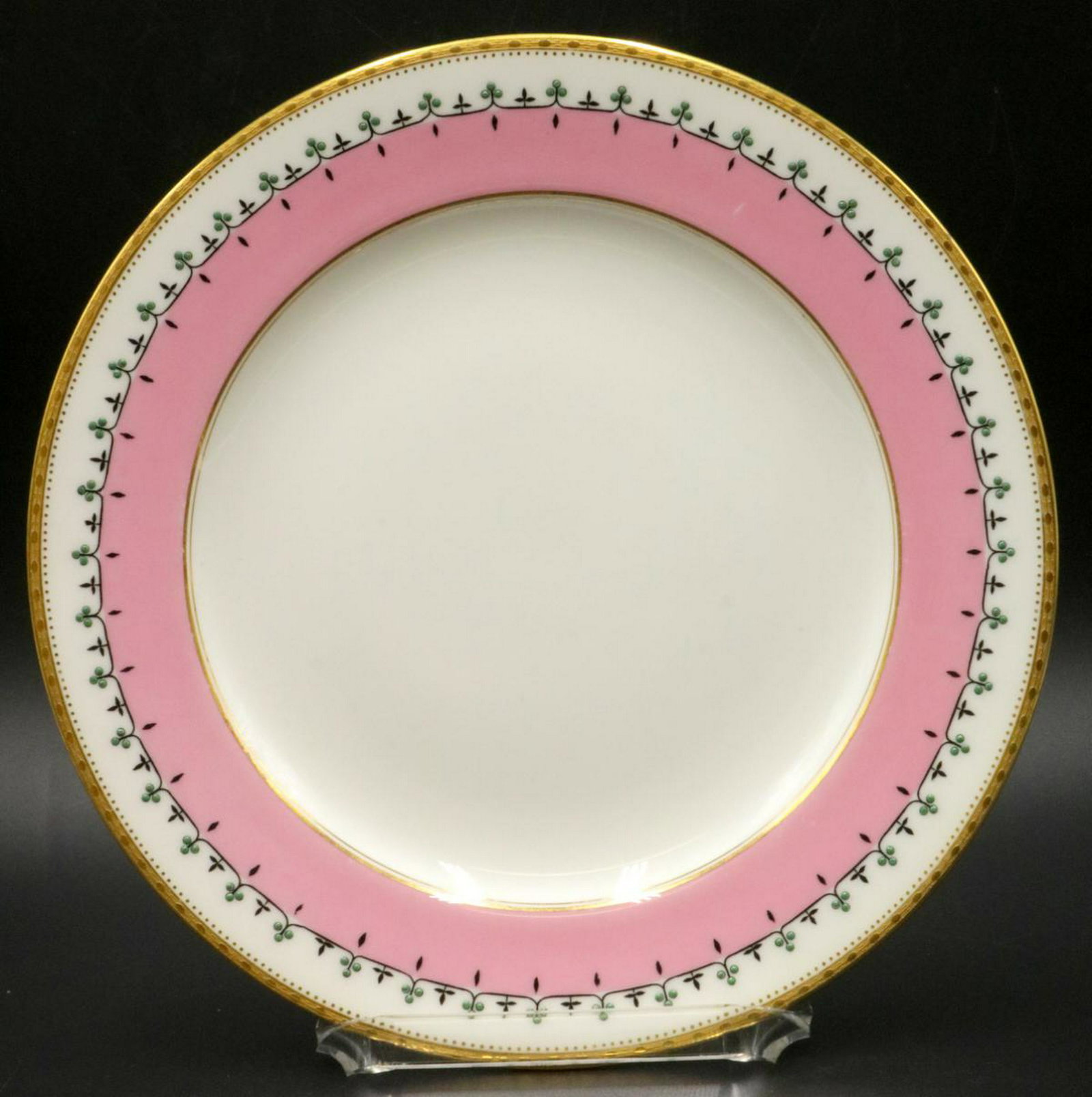 12 Antique Royal Worcester Porcelain Dinner Plates: 12 Antique Royal Worcester Burley & Co. Chicago Hand Painted Porcelain Dinner Plates. With pink border, green beads border and gilt border. Measures - 9 1/4" diameter.