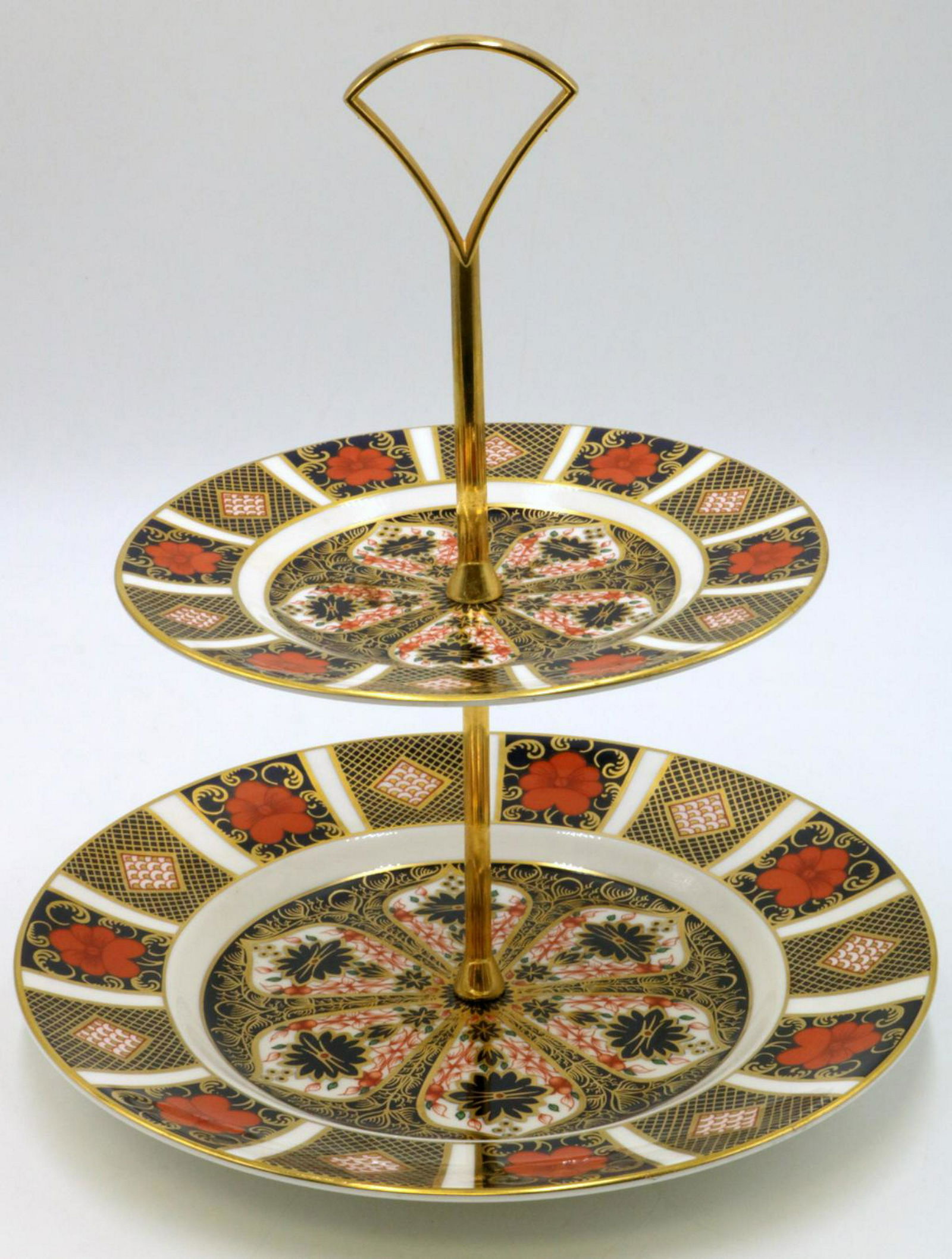 Royal Crown Derby "Old Imari" 2-Tier Dessert Stand: Royal Crown Derby "Old Imari" Hand Painted Porcelain 2-Tier Dessert Stand. Measures - 9 3/4" high x 8 1/2" diameter. Originally part of a service for 36, please see many other lots of Royal Crown Derb