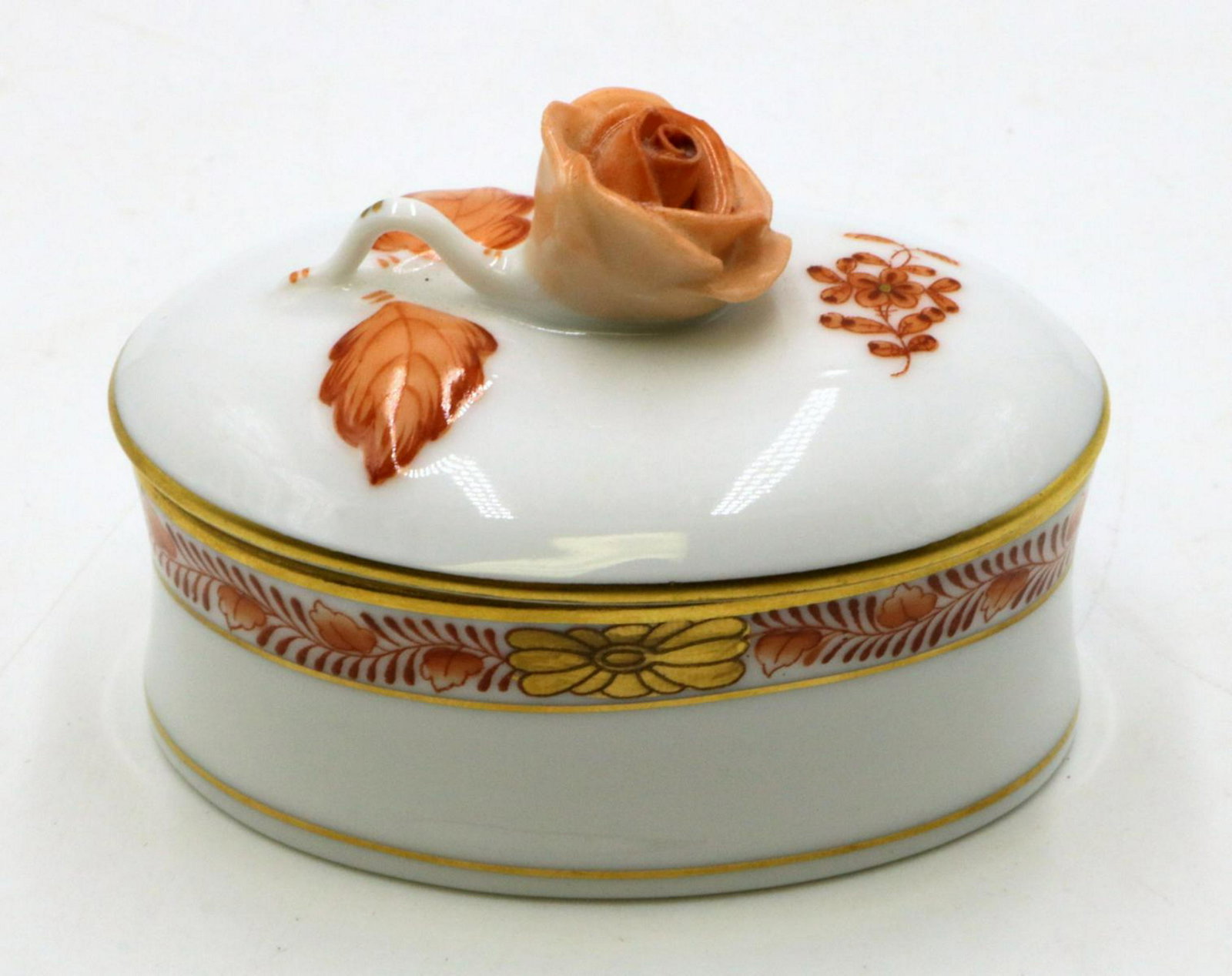 Herend Hand Painted Porcelain Pill Box: Herend Hand Painted Porcelain Pill Box. Measures - 3" long.