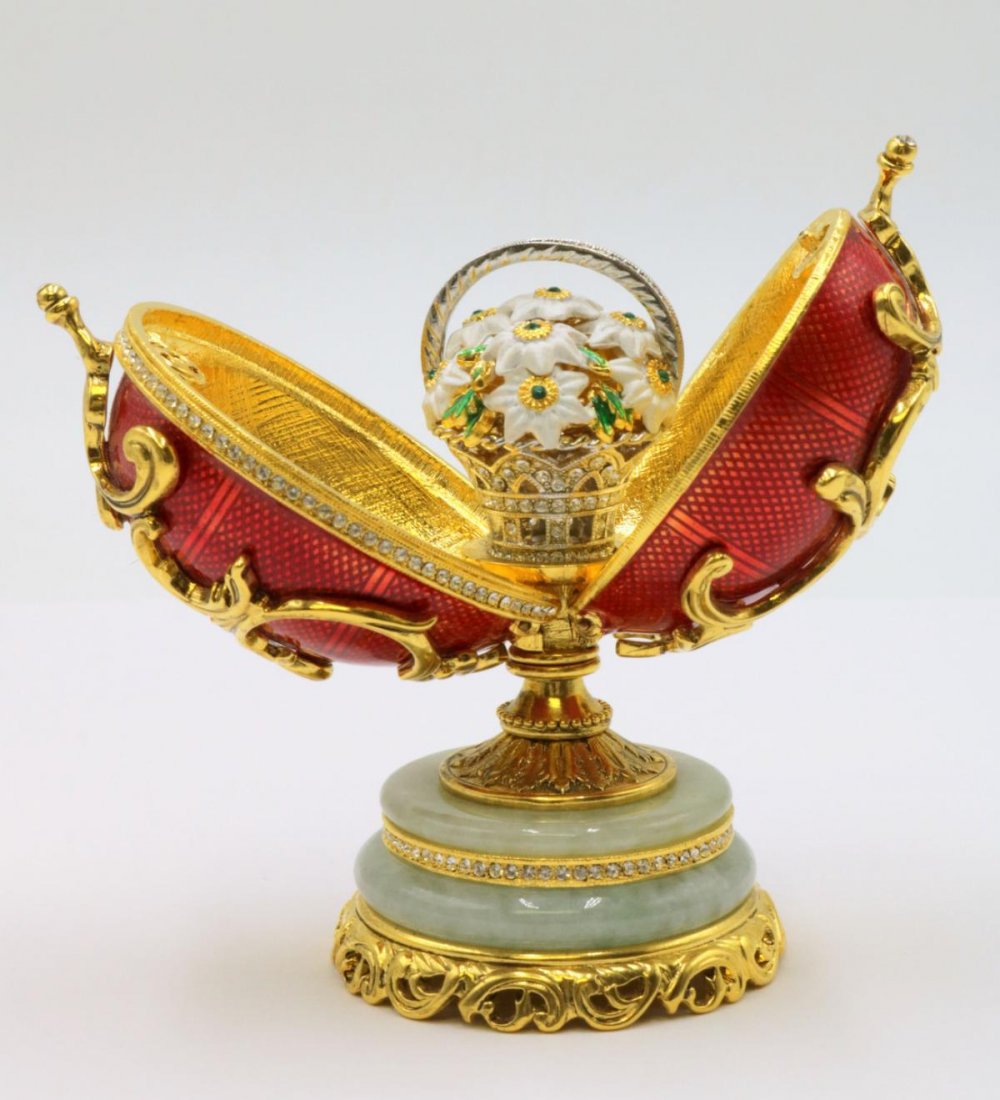 Faberge Enamel & Jade Egg: Faberge Enamel & Jade Egg. Measures - 3 3/4" high.