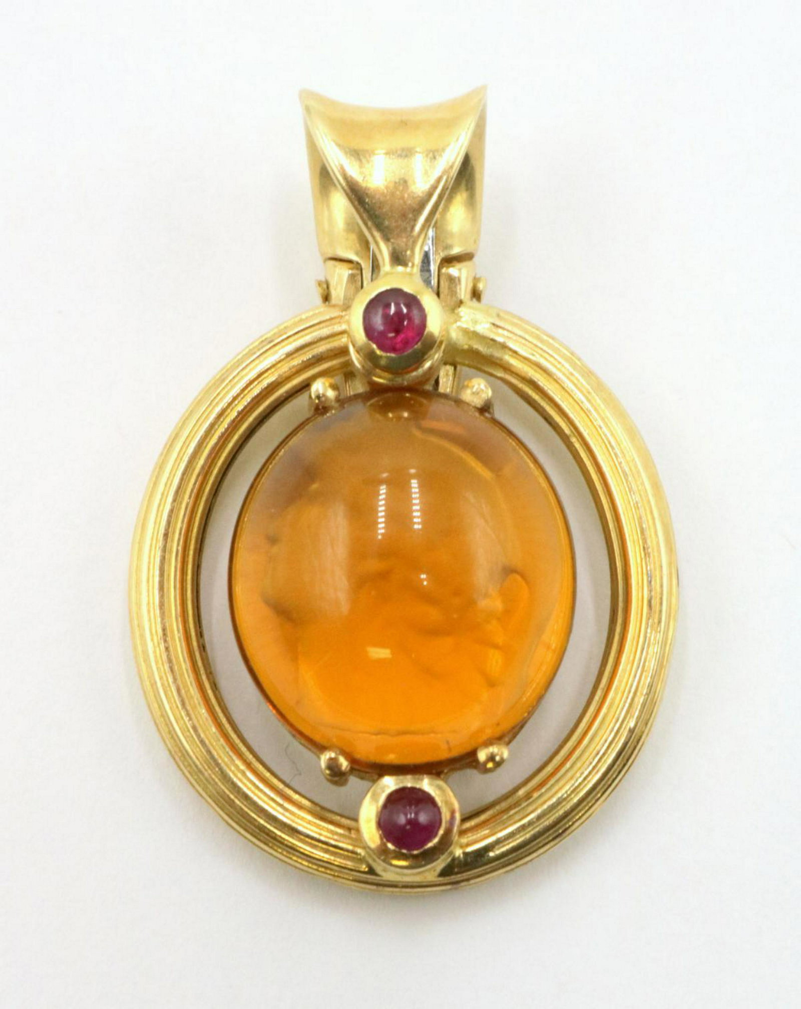 Italian 14Kt Intaglio Citrine & Ruby Pendant: Italian 14Kt Yellow Gold Reverse Intaglio Cut Cabochon Citrine & Cabochon Ruby Pendant. Measures - 1 1/2" long. Weight - 8.3 dwt.