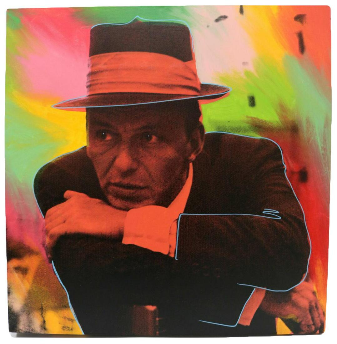 Steve Kaufman "Mr. Entertainer" Mixed Media: Steve Kaufman (American, 1960-2010) "Mr. Entertainer" (Frank Sinatra) Oil Painting, Screenprint with Hand Embellishment on Canvas. Part of the "The Legacy Suite". Signed "SAK", Numbered - # 13/75. Mea