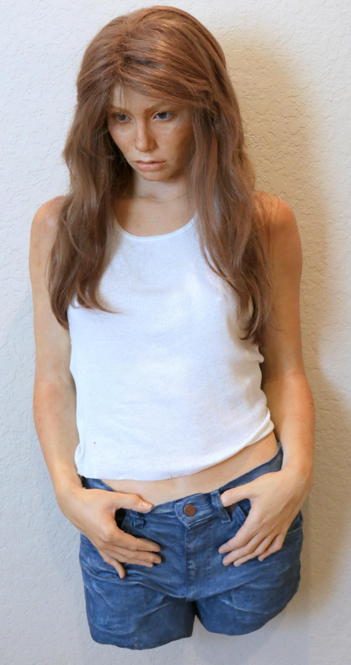 Marc Sijan (b. 1946) Realistic Fiber Glass Sculpture: Marc Sijan (Serbian/American, b. 1946) Hyper Realistic Fiber Glass Sculpture. Depicting a beautiful woman. Signed "Sijan". Measures - 37" high x 17" wide x 9 1/2" deep. Marc Sijan's Super realistic sc