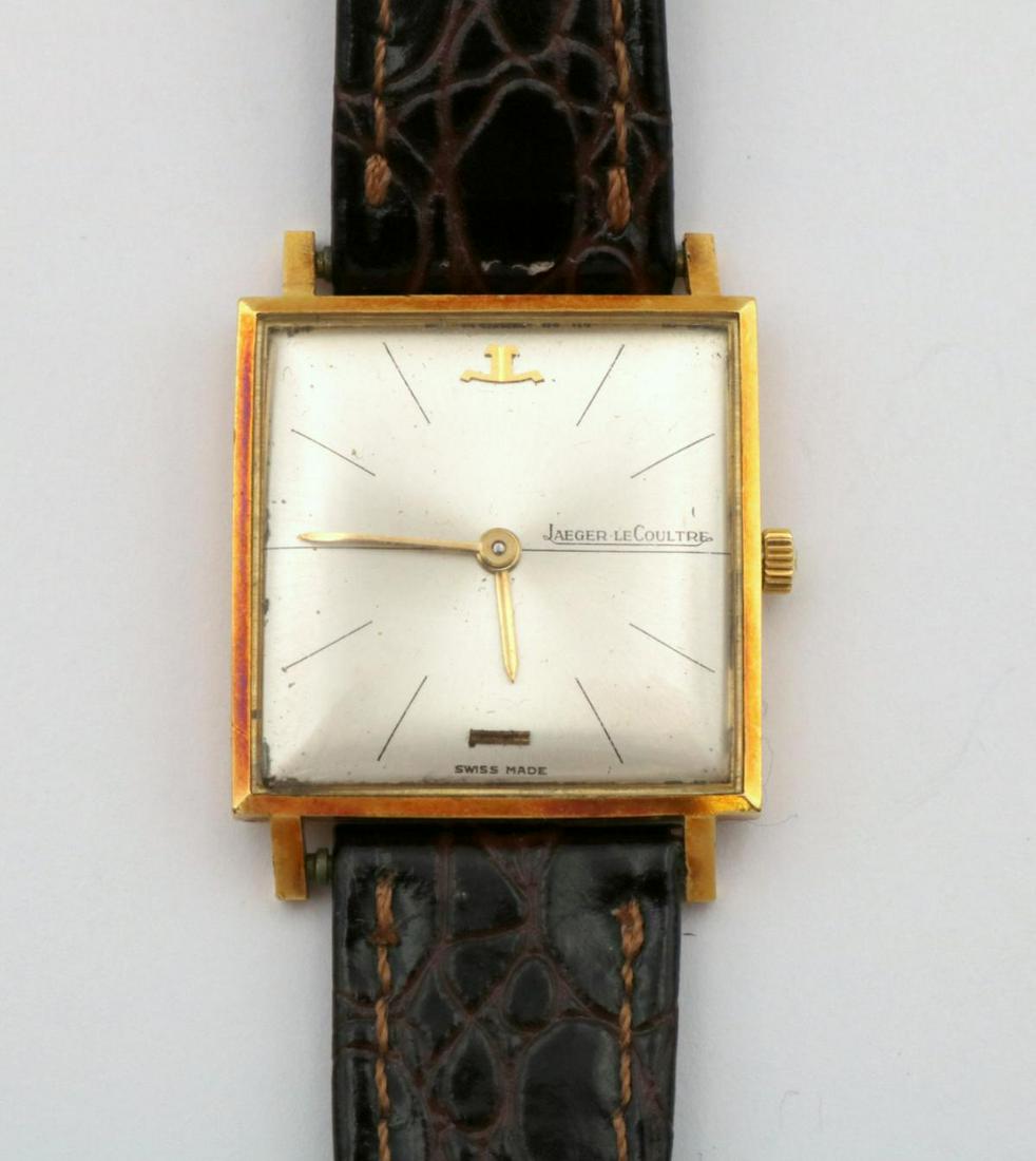 Jaeger LeCoultre 18Kt & Leather Watch: Jaeger LeCoultre 18Kt Yellow Gold & Leather Watch. Approx. weight - 6.2 dwt. Measures - 8 1/2" long.
