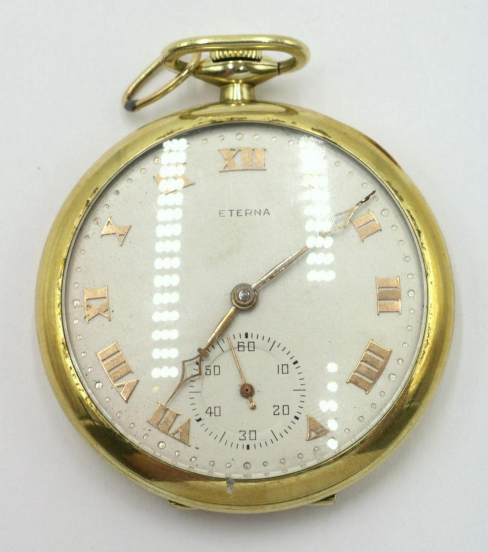 Eterna Gold Filled Pocket Watch: Eterna Gold Filled 3 Position, PW 12 Size Pocket Watch. Measures - 1 3/4" diameter.