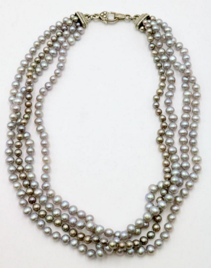 Judith Ripka Sterling & Pearl 4-Strand Necklace: Judith Ripka Sterling Silver & Pearl 4-Strand Necklace. Weight - 71.4 grams. Measures - 16" long.