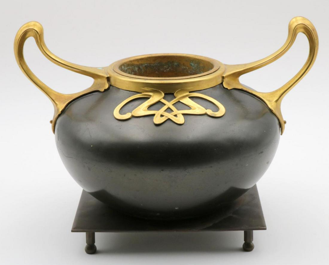 Art Nouveau Bronze Jardiniere w/ Base: Early 20th Century, Art Nouveau Brass Mounted Bronze Jardiniere w/ Bronze Base. Measures - 9" high w/ base x 12" long.
