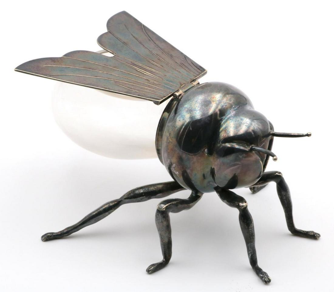 Rare Mappin & Webb Silver Plated Honey Pot: Rare Mappin & Webb Silver Plated & Glass Bee Form Honey Pot. #W11513. Measures - 3 1/2" high x 6 3/4" long.