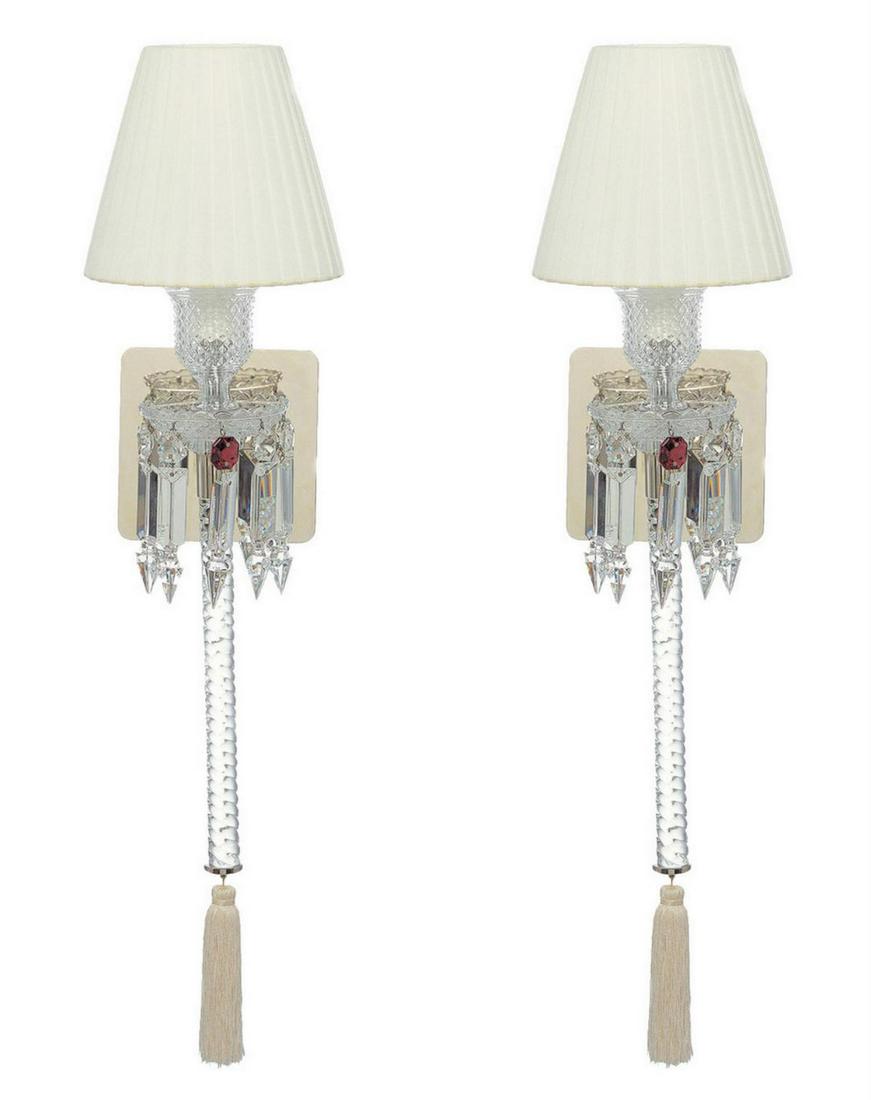 Baccarat "Torch" Crystal Wall Sconces: Pair of Baccarat "Torch" Crystal Wall Sconces. Ref #2602831, Retail - $6,000! Measures - 25" high x 5" wide. Designed by Arik Levy, the Torch wall lamp topped by a lampshade with pleated taffetas was