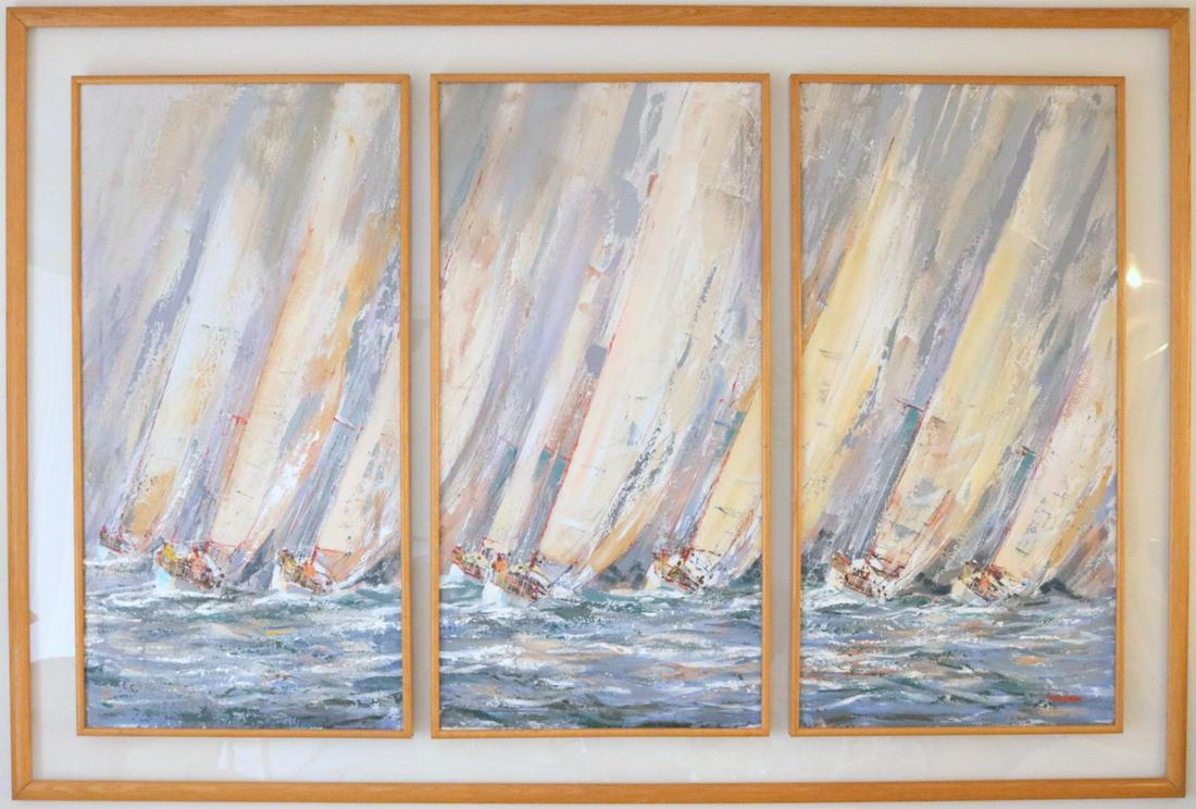 Kerry Hallam (British, b. 1937) Oil Painting Triptych: Kerry Hallam (British, b. 1937) Oil Painting on Canvas, Triptych. Depicting a three nautical scenes, sail boats. Each painting measures - 47 1/2" high x 23 1/2" wide, total with wooden and acrylic fra
