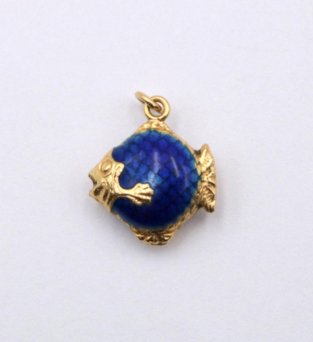 14Kt Enamel Fish Charm: 14Kt Yellow Gold Enamel Fish Charm. Weight - 0.8 dwt.
