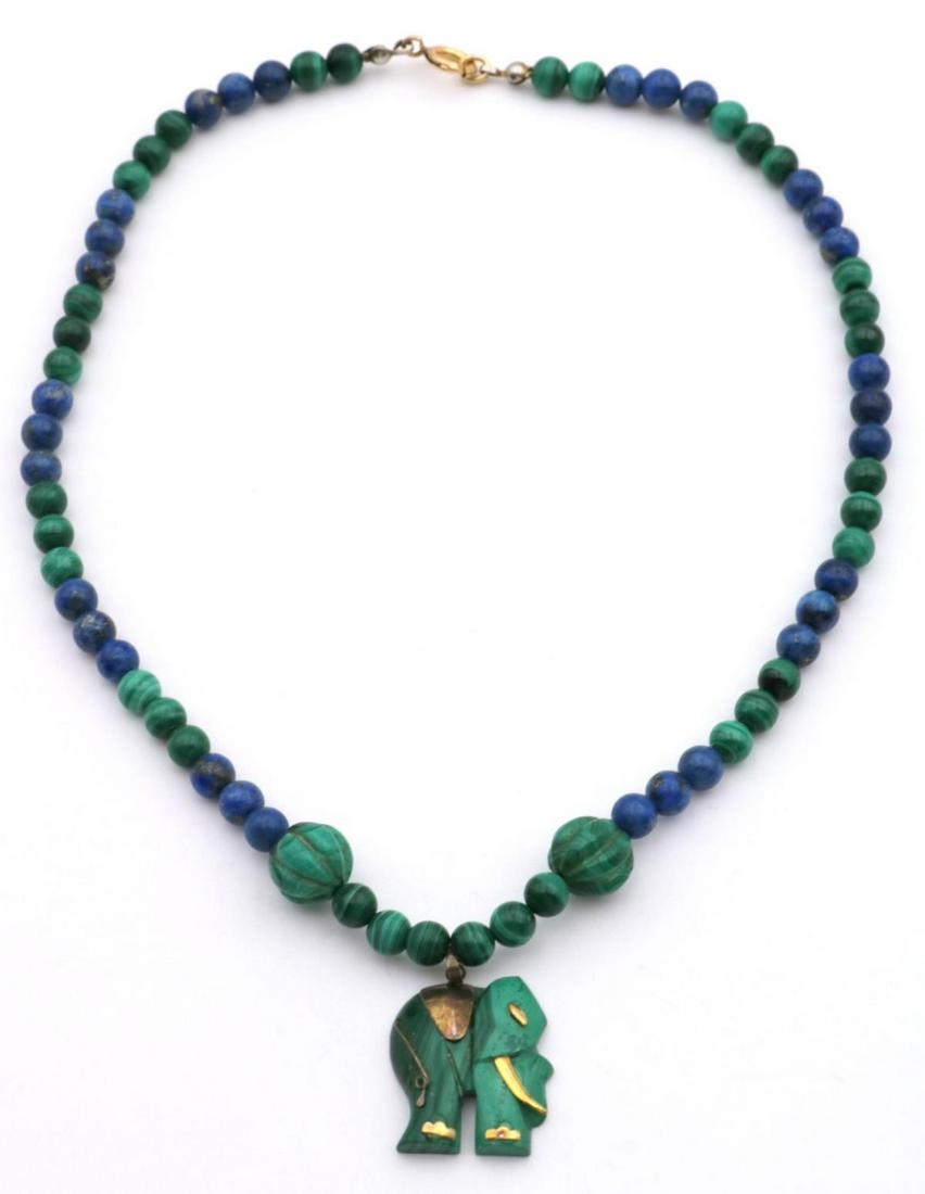 Sterling Overlay Malachite & Lapis Necklace: Sterling Overlay Malachite & Lapis Lazuli Elephant Necklace. Measures - 16 1/2" long.