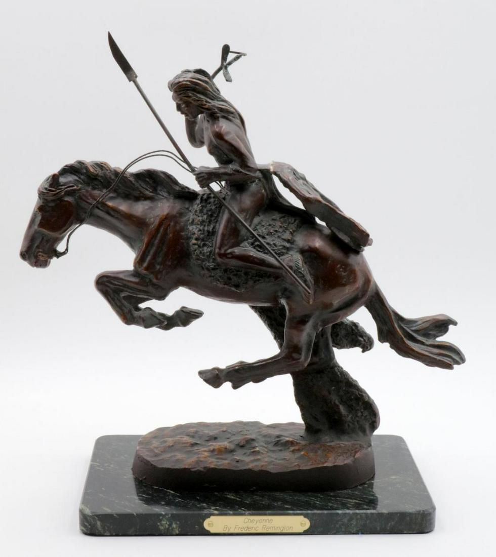 After Frederic Remington Indian Bronze Sculpture: After Frederic Remington "Cheyenne" Indian Bronze Sculpture. This piece is as is. Please see pictures. Measures - 14 1/4" high x 13 1/2" wide.