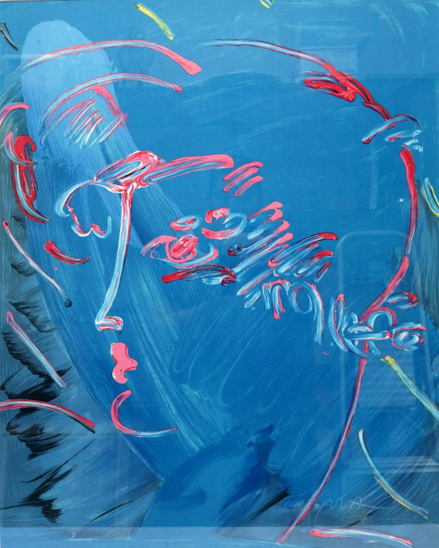 Peter Max "Blue Profile" Lithograph: Peter Max (American, b. 1937) "Blue Profile" Lithograph on Paper. Year produced - 1986. Original retail value - $4,000. Measures - 30" high x 24" wide, total with frame - 40 1/2" high x 34 1/2" wide.