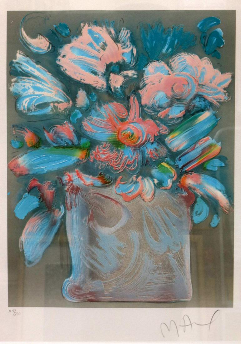 Peter Max "Flowers in Vase" Lithograph: Peter Max (American, b. 1937) "Flowers in Vase" Lithograph on Paper. Numbered - #107/200. Signed lower right. Measures - 19 1/2" wide x 26" high, total with frame - 29" wide x 35 1/2" high.