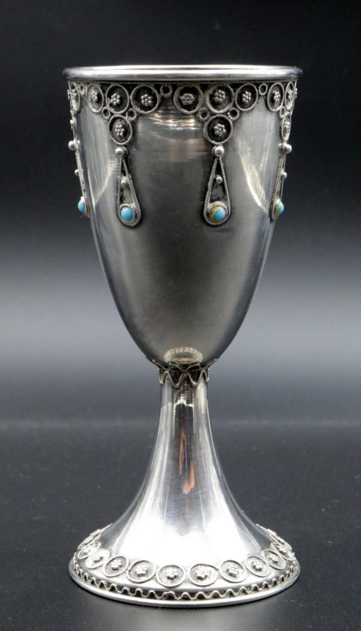 Stanetzky Turquoise & Sterling Kiddush Cup: Stanetzky Judaica Turquoise & Sterling Silver Kiddish Cup. Measures - 4 3/4" high. Weight - 55.2 grams.