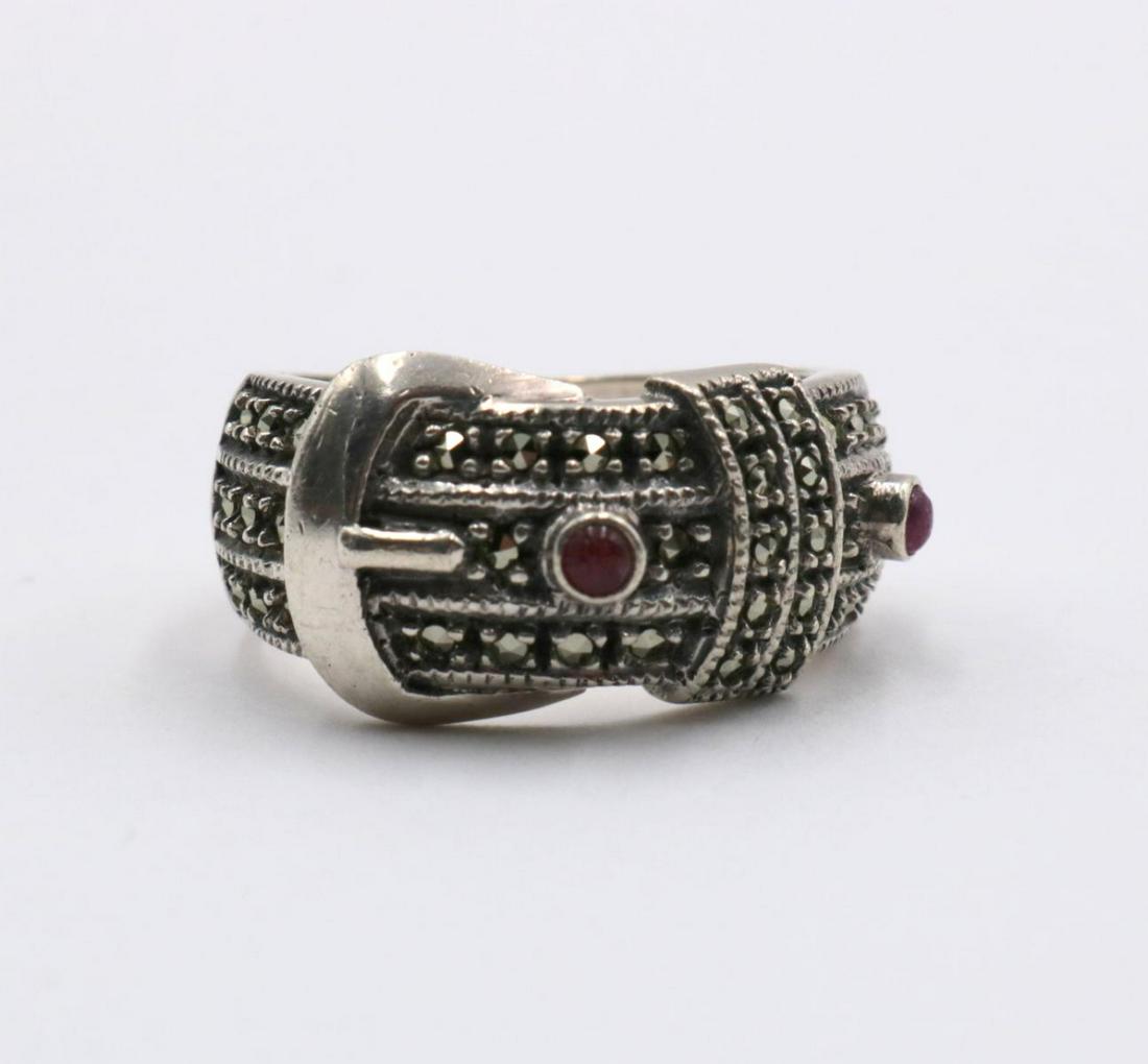 Judith Jack Sterling Belt Buckle Ring: Judith Jack Sterling Silver Ruby & Marcasite Belt Buckle Ring. Size - 6. Weight - 7 grams.