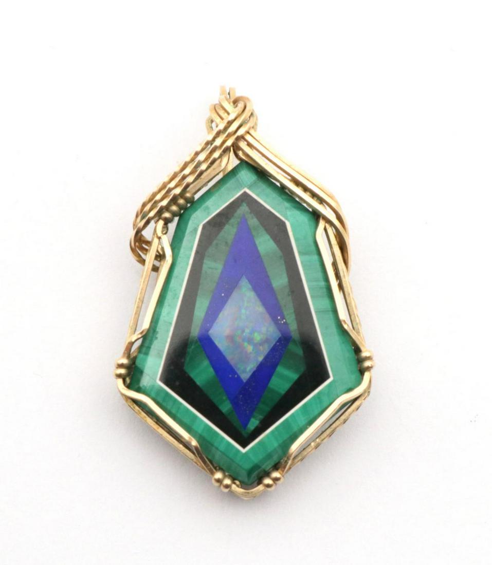 10Kt Malachite, Opal & Lapis Pendant: 10Kt Yellow Gold Malachite, Opal & Lapis Pendant. Weight - 3 dwt. Measures - 1 1/4" long.