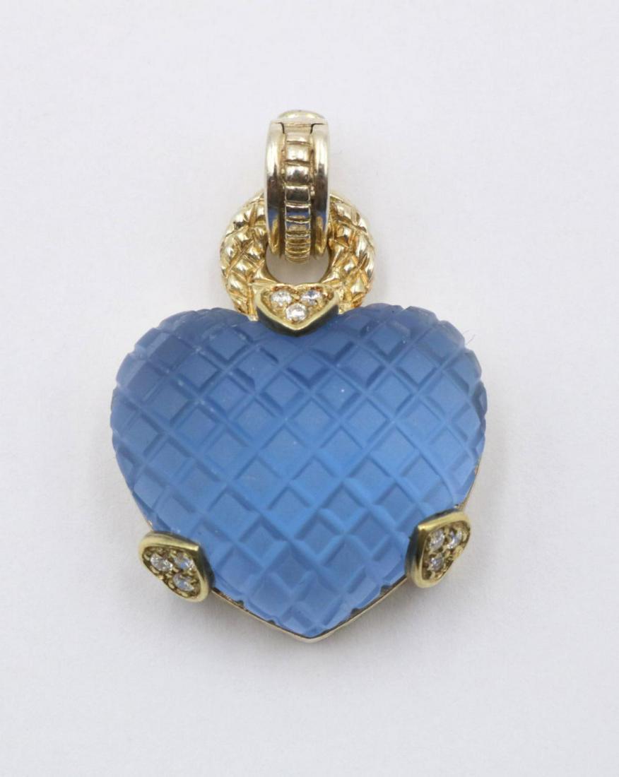 Judith Ripka 18Kt & Sterling Diamond Pendant: Judith Ripka 18Kt Yellow Gold & Sterling Silver Diamond, Carved Chalcedony Heart Pendant. Measures - 1 1/4" long. Weight - 8.3 dwt.