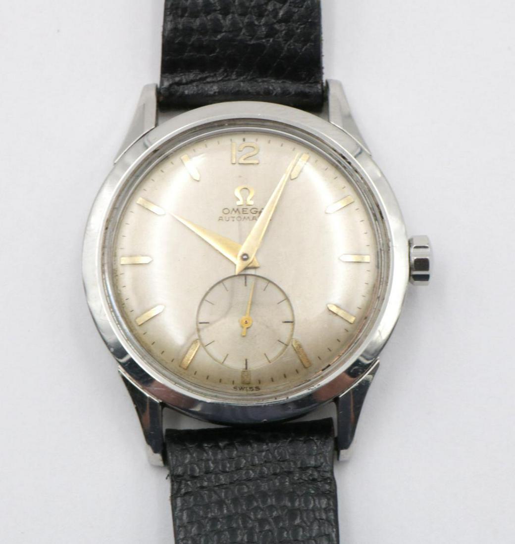 Vintage Omega Automatic Stainless Steel Watch: Vintage Omega Automatic Stainless Steel Caliber 344 Watch. Black leather strap. Measures - 9" long.