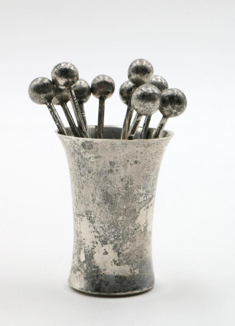 Taxco Sterling Silver Toothpicks & Holder: Taxco Sterling Silver Toothpicks & Holder. Toothpick - 2 5/8" long, holder - 1 3/4" high. Total weight - 45.4 grams. 10 toothpicks.