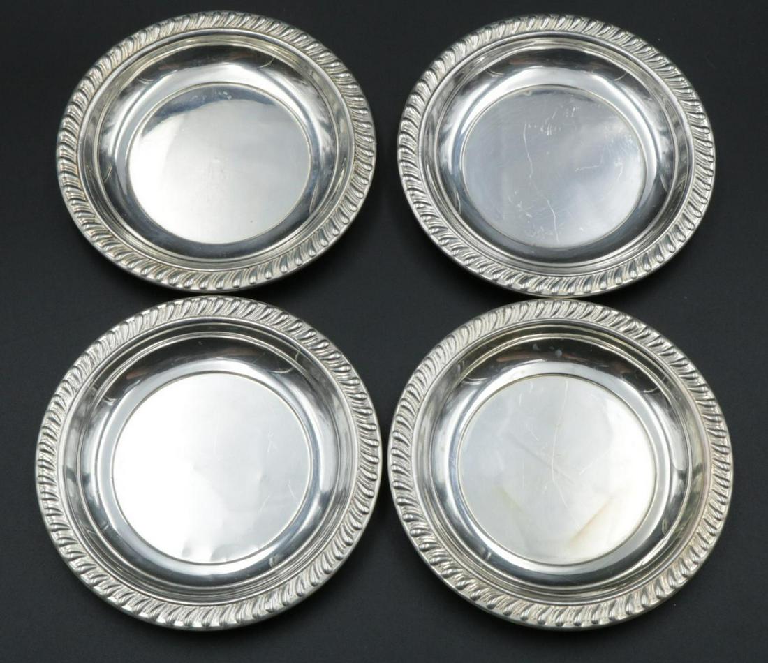 4 Pc. Sterling Silver Coasters: 4 Pc. Sterling Silver Coasters. Measures - 3 1/4" diameter. Weight - 2.605 troy oz.