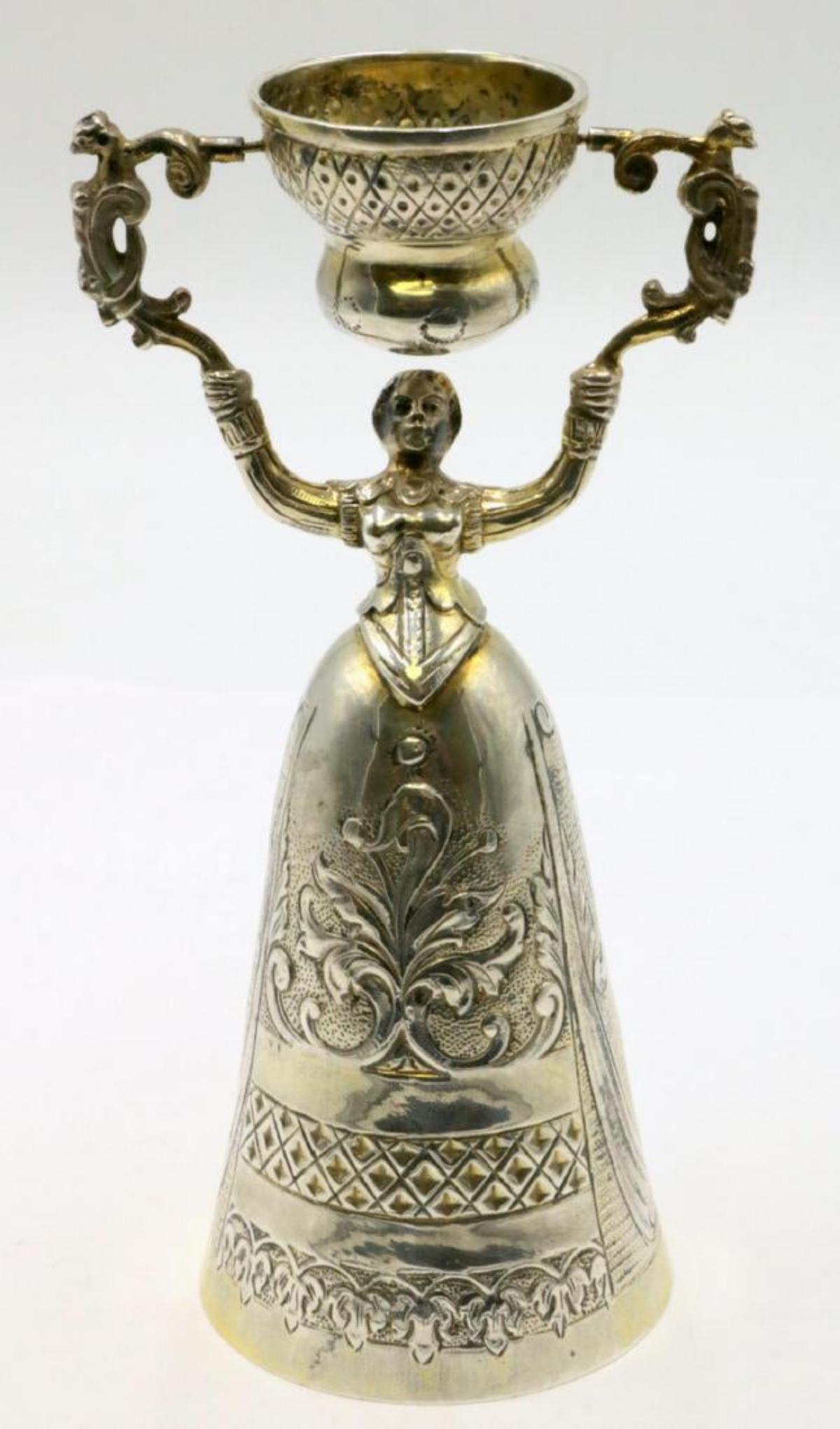 Antique German Sterling Figural Wedding Cup: Antique German Sterling Silver Figural Wedding Cup. Depicting a woman. Measures - 5 3/4" high x 3" wide. Weight - 150.9 grams.
